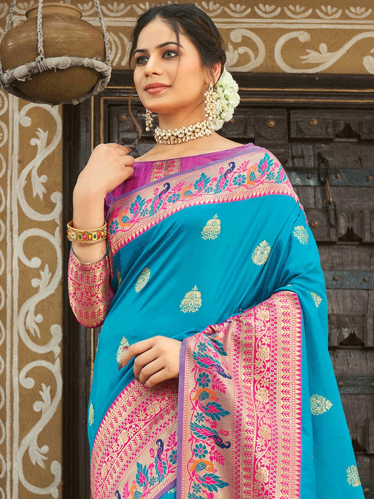 Blue Paithani Silk Woven Design Saree With Blouse Piece - Odette