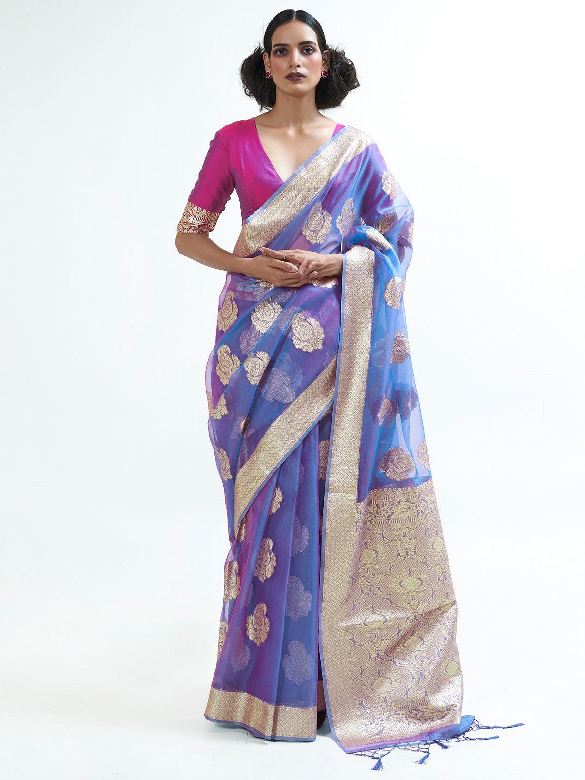 Blue Party Wear Organza Woven Design Saree With Unstitched Blouse - Odette