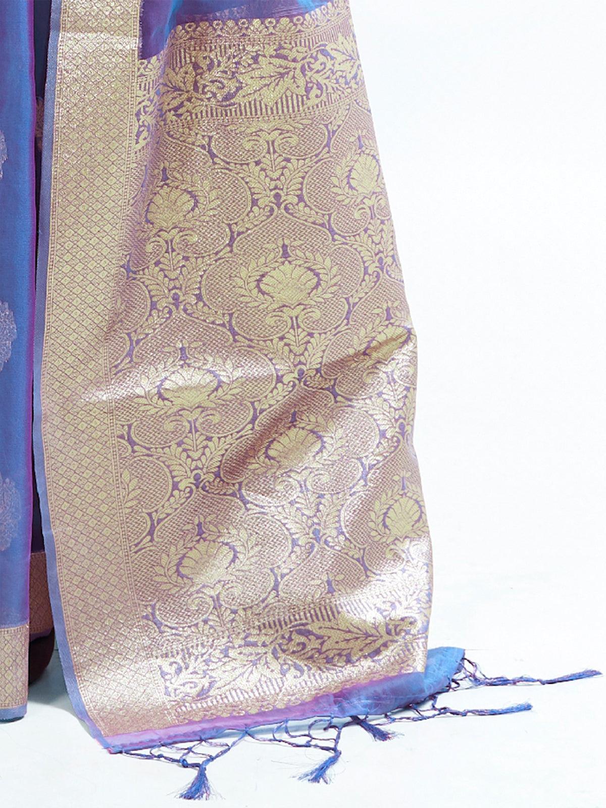 Blue Party Wear Organza Woven Design Saree With Unstitched Blouse - Odette