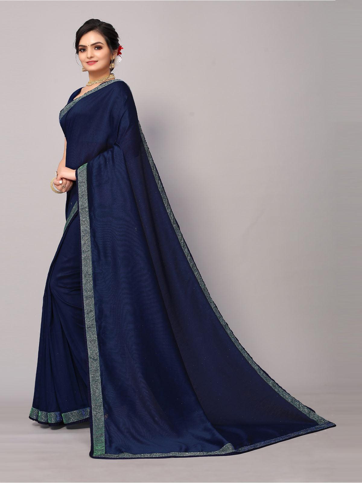 Blue Poly Silk Emblished Zari Border Saree With Matching Blouse. - Odette