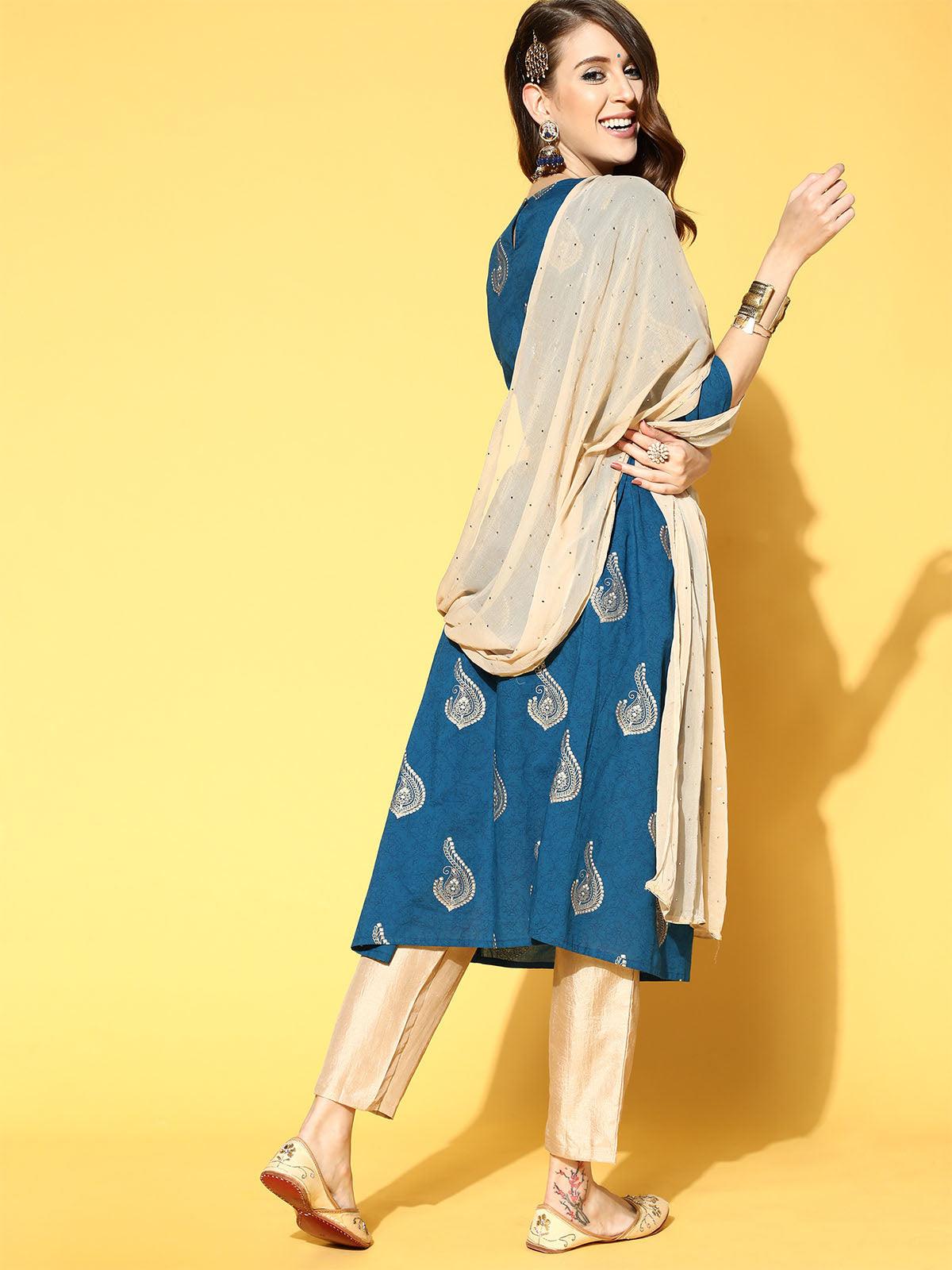 Blue Printed A-line Kurta Trouser With Dupatta Set - Odette