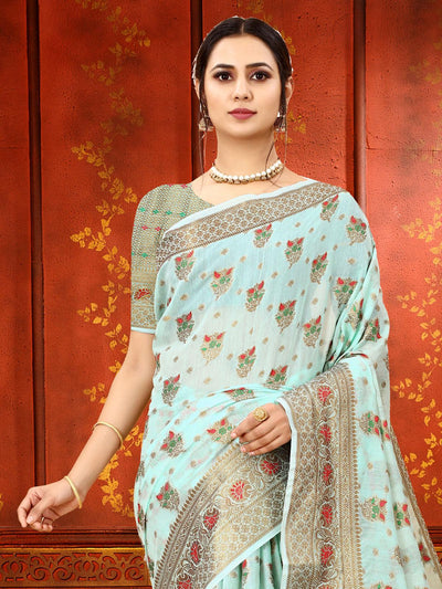Blue Soft Cotton Silk Heavy Copper Zari Meenakari Weave Designer Saree - Odette