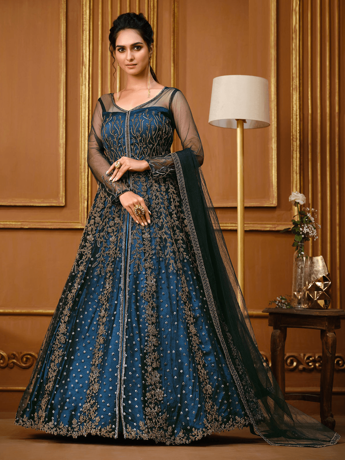 Royal blue color designer fancy net fabric salwar suit in net fabric with  embroidery as semi stitched