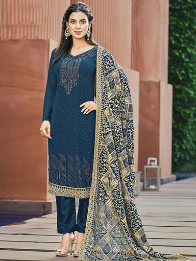 Blue Unstitched Embroidered Dress Material With Dupatta - Odette