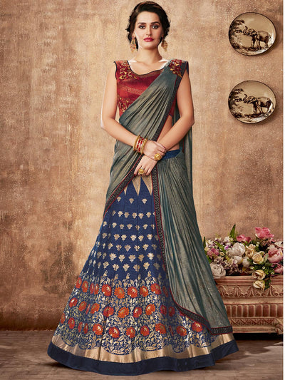 Blue Weaved silk Designer Lehenga Choli. - Odette