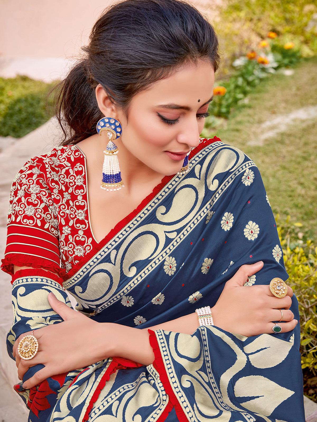 Blue weaved silk Designer Saree With Blouse. - Odette