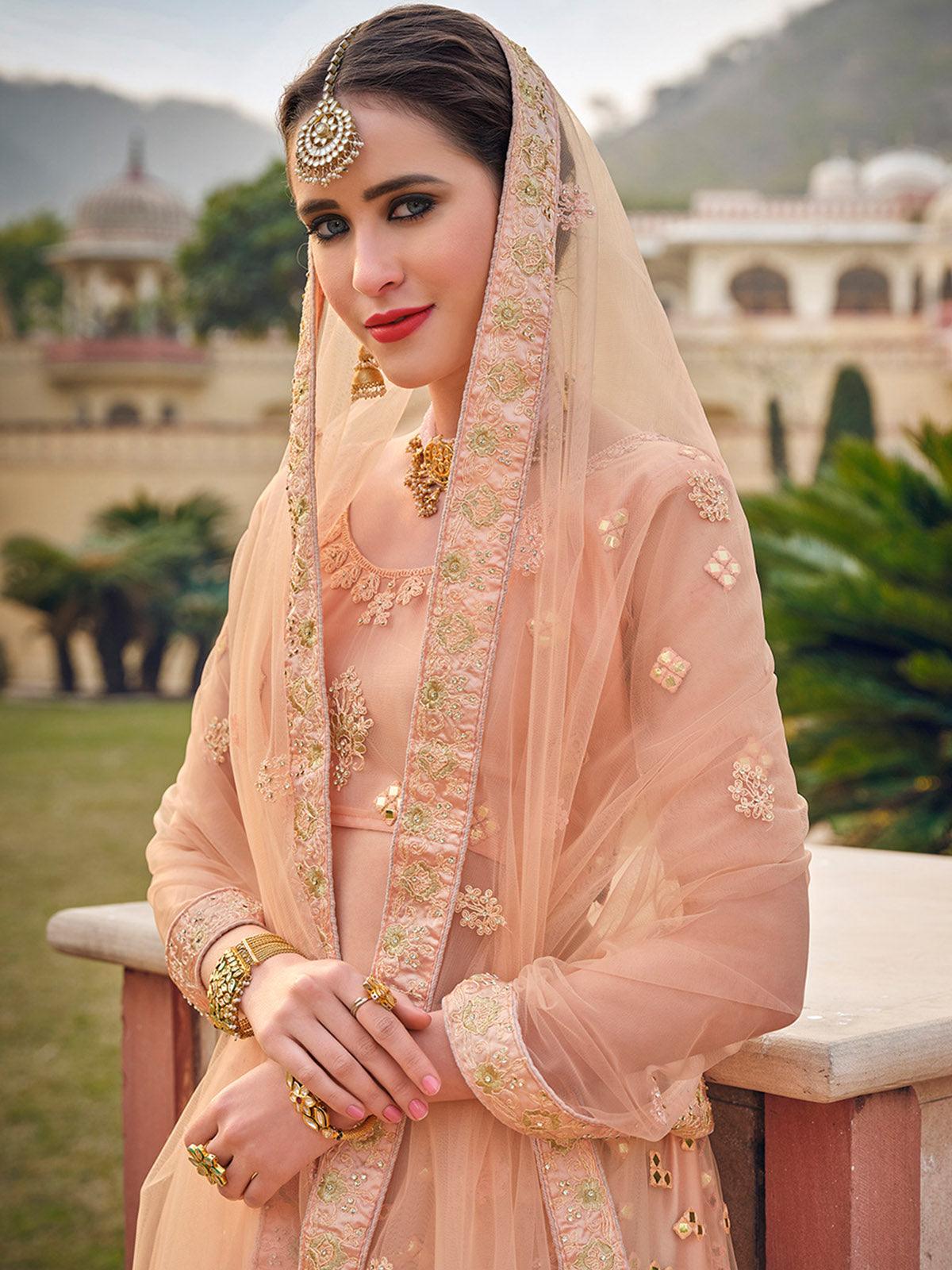 Peach Heavy Embroidered Zarkan Diamond Bridal Net Lehenga Choli Wedding  Party | eBay