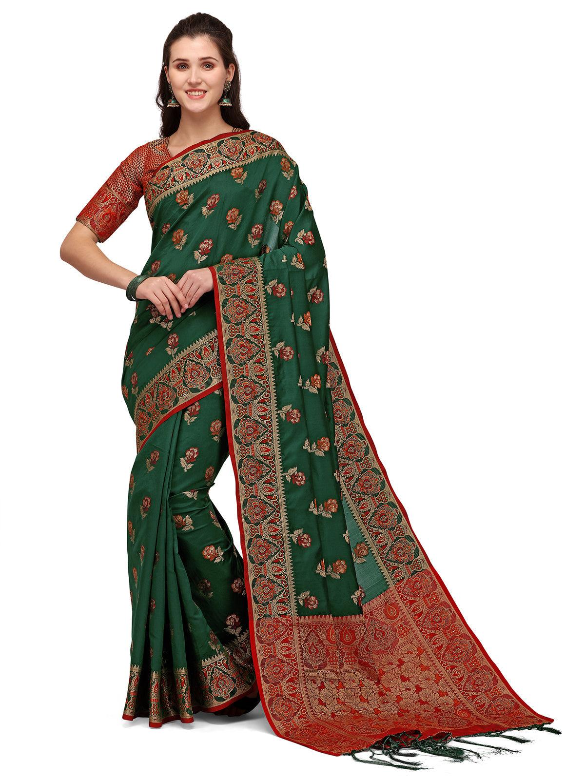 Bottle Green Colour Banarasi Silk Embellished Work Saree - Odette