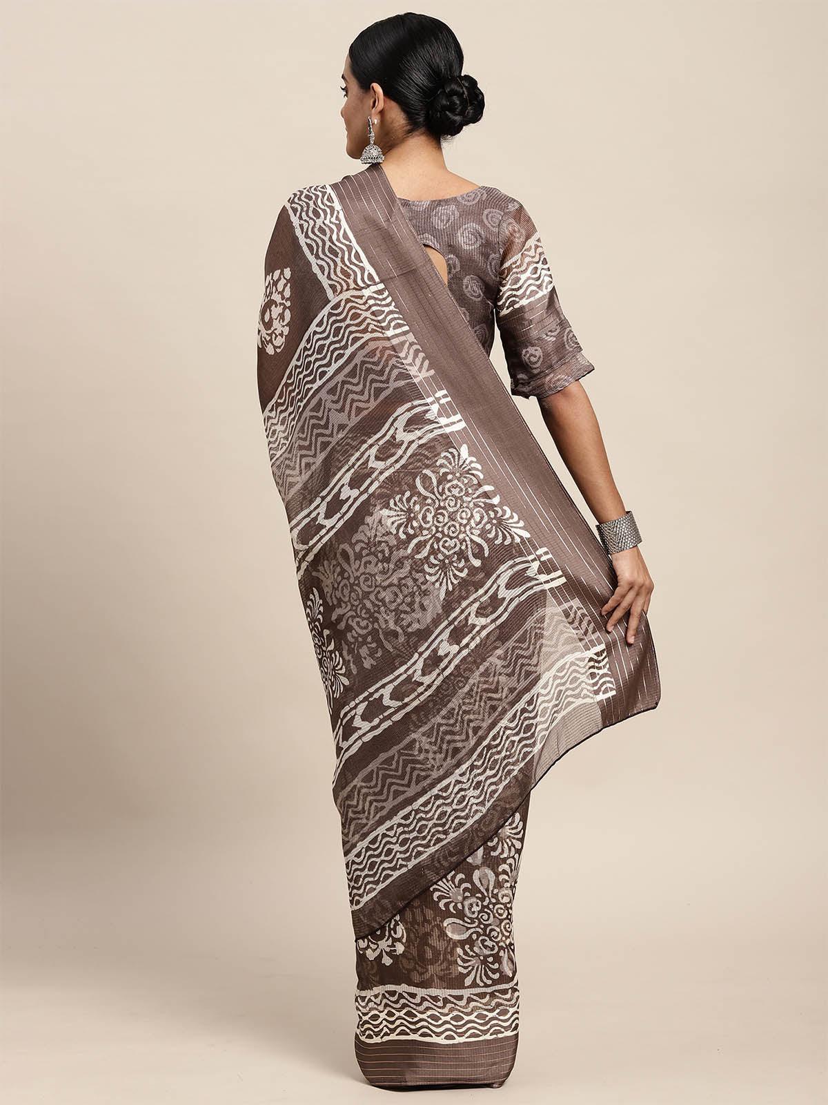 Brasso Charcoal Grey Printed Designer Saree With Blouse Piece - Odette