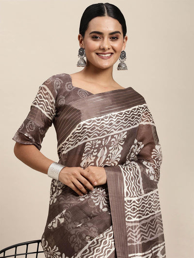 Brasso Charcoal Grey Printed Designer Saree With Blouse Piece - Odette