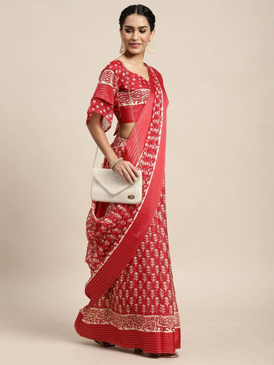Brasso Red Printed Designer Saree With Blouse Piece - Odette