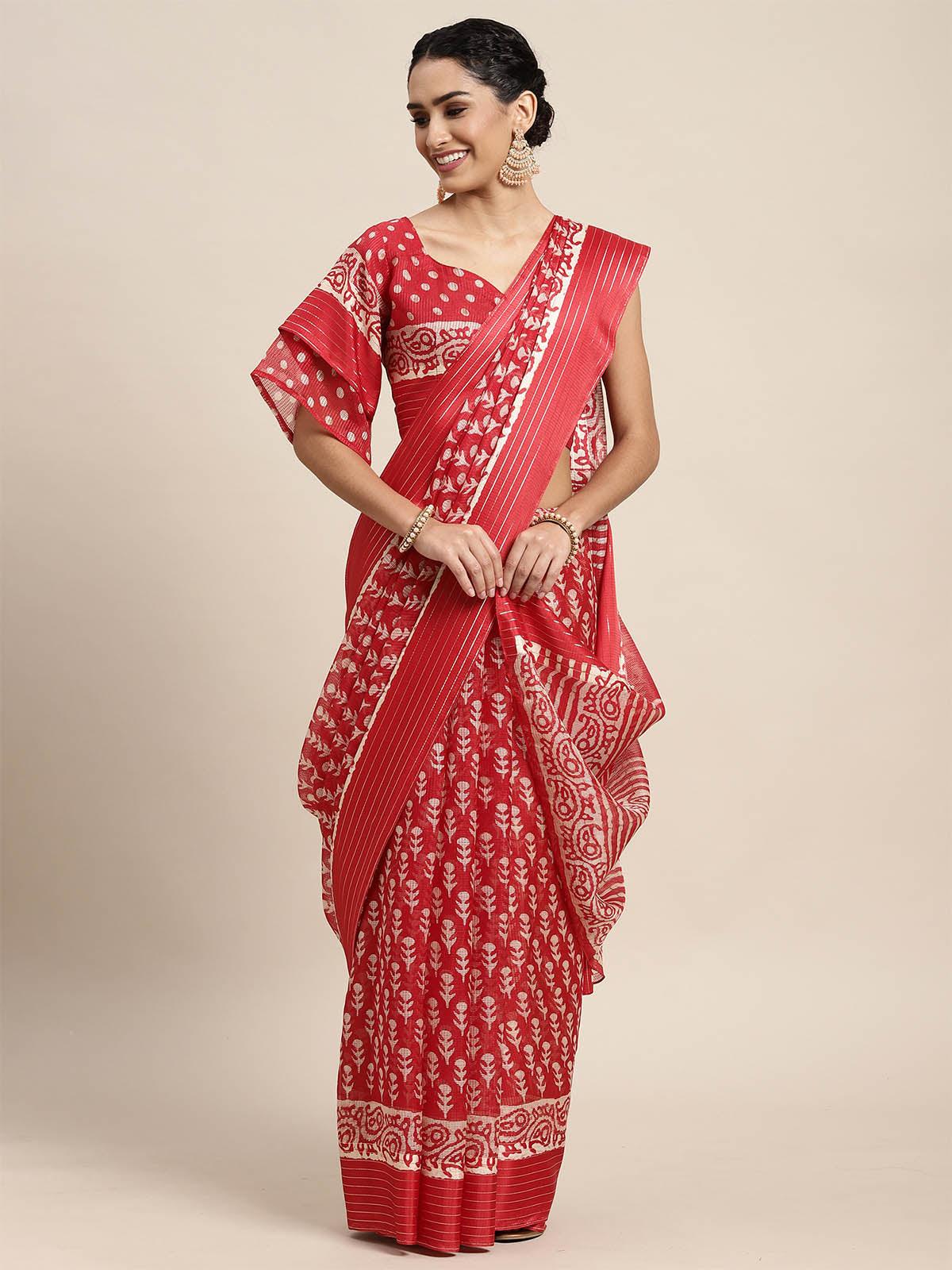 Brasso Red Printed Designer Saree With Blouse Piece - Odette