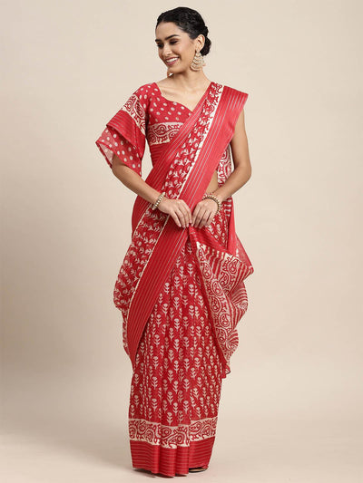 Brasso Red Printed Designer Saree With Blouse Piece - Odette