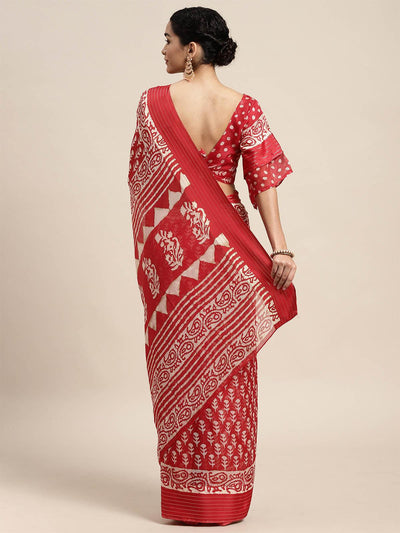 Brasso Red Printed Designer Saree With Blouse Piece - Odette