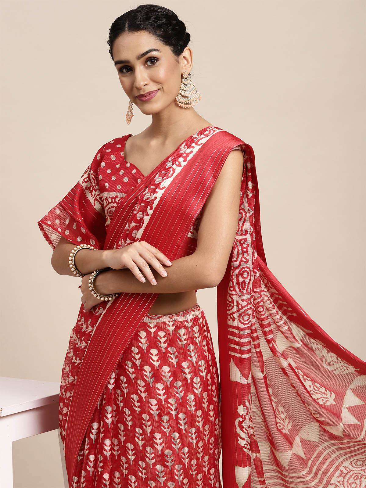 Brasso Red Printed Designer Saree With Blouse Piece - Odette