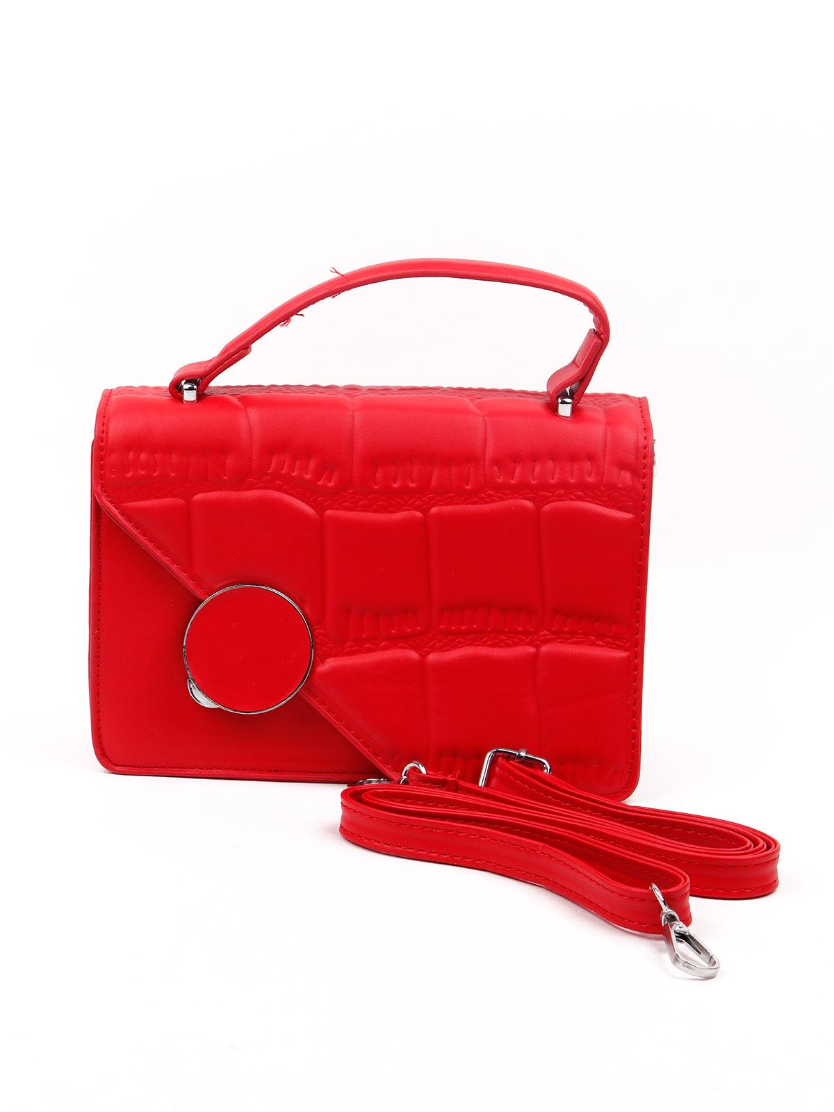 Bright red textured soft sling bag embellished with a gold chunky chain - Odette