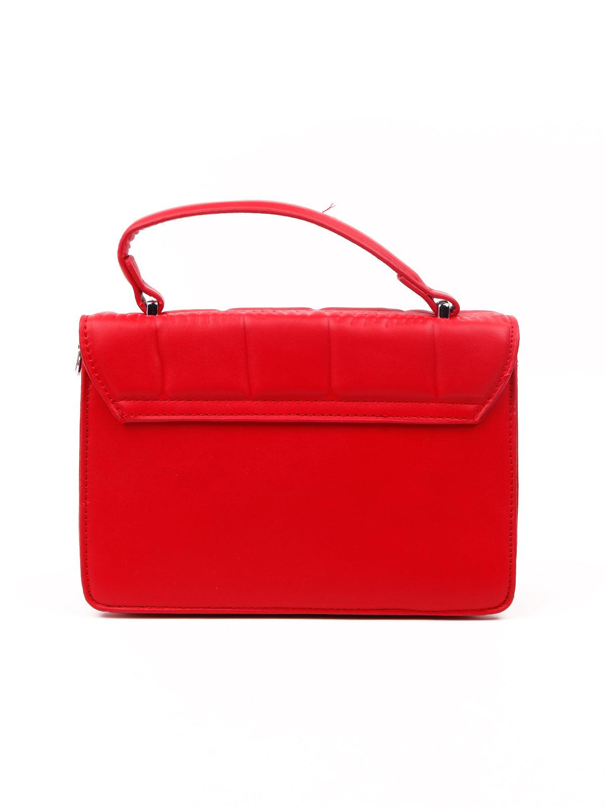 Bright red textured soft sling bag embellished with a gold chunky chain - Odette