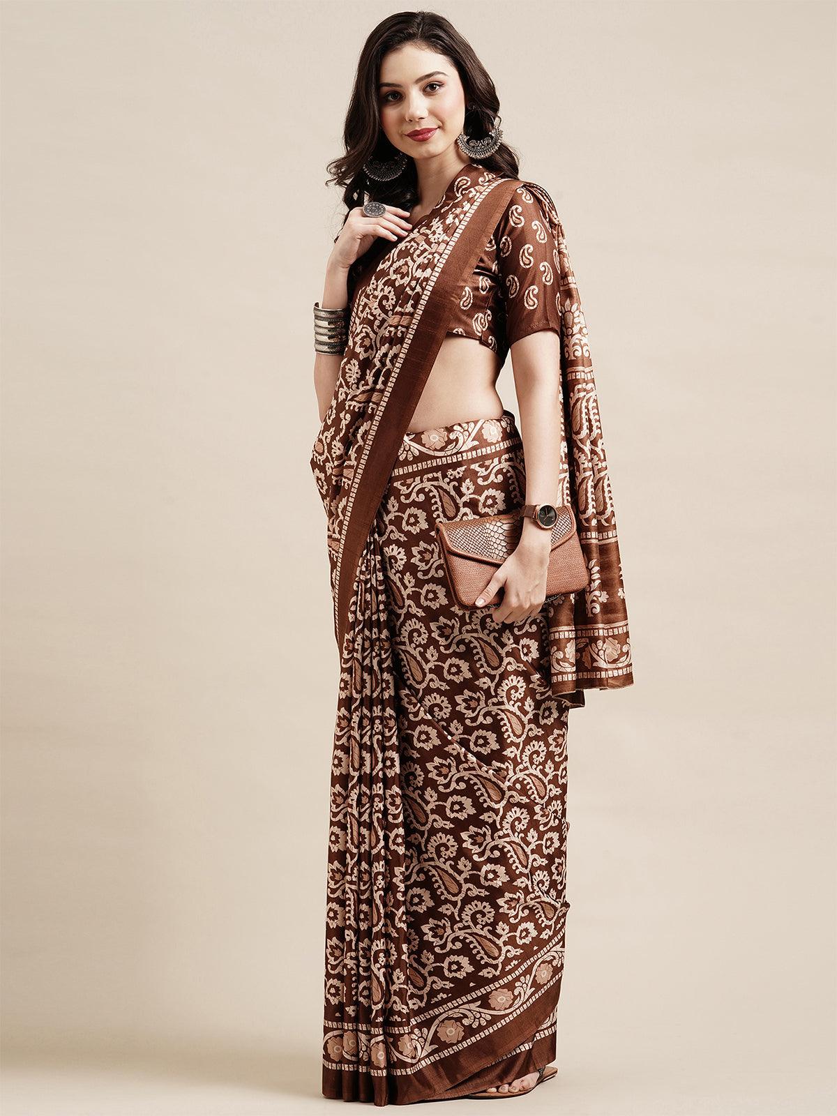 Brown Casual Dola silk Printed Saree With Unstitched Blouse - Odette