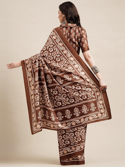 Brown Casual Dola silk Printed Saree With Unstitched Blouse - Odette