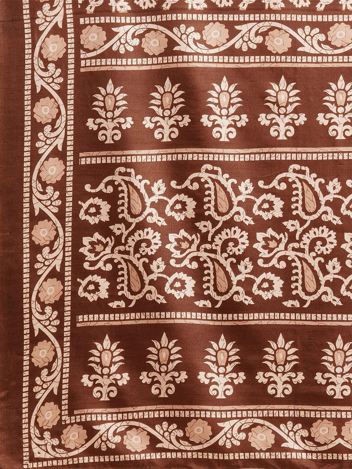 Brown Casual Dola silk Printed Saree With Unstitched Blouse - Odette