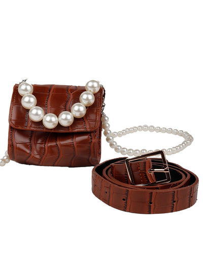 Brown crocodile textured double pearl belt bag - Odette