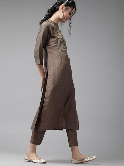 Brown Embroidered Straight Kurta Trouser with Dupatta Sets - Odette