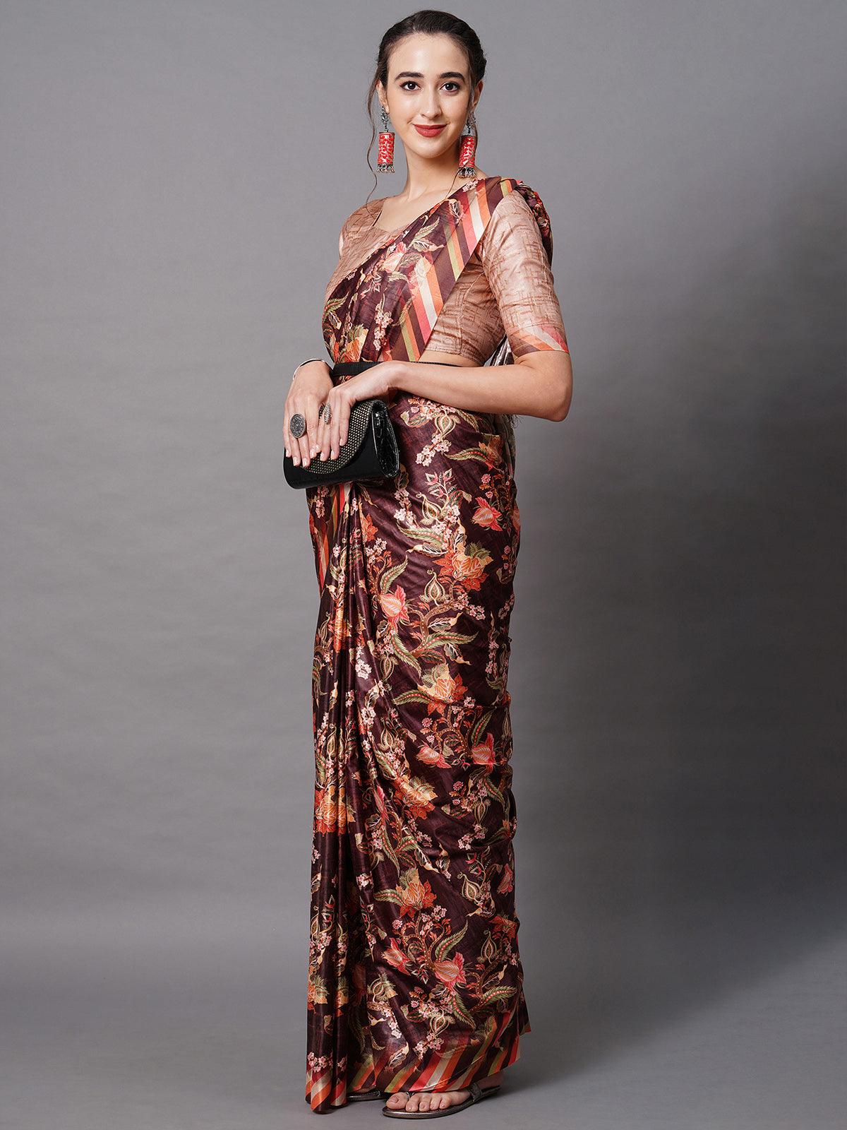 Brown Festive Dola silk Printed Saree With Unstitched Blouse - Odette
