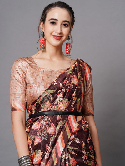 Brown Festive Dola silk Printed Saree With Unstitched Blouse - Odette