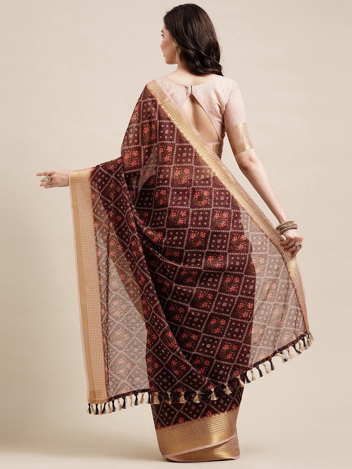 Brown Festive Linen Printed Saree With Unstitched Blouse - Odette