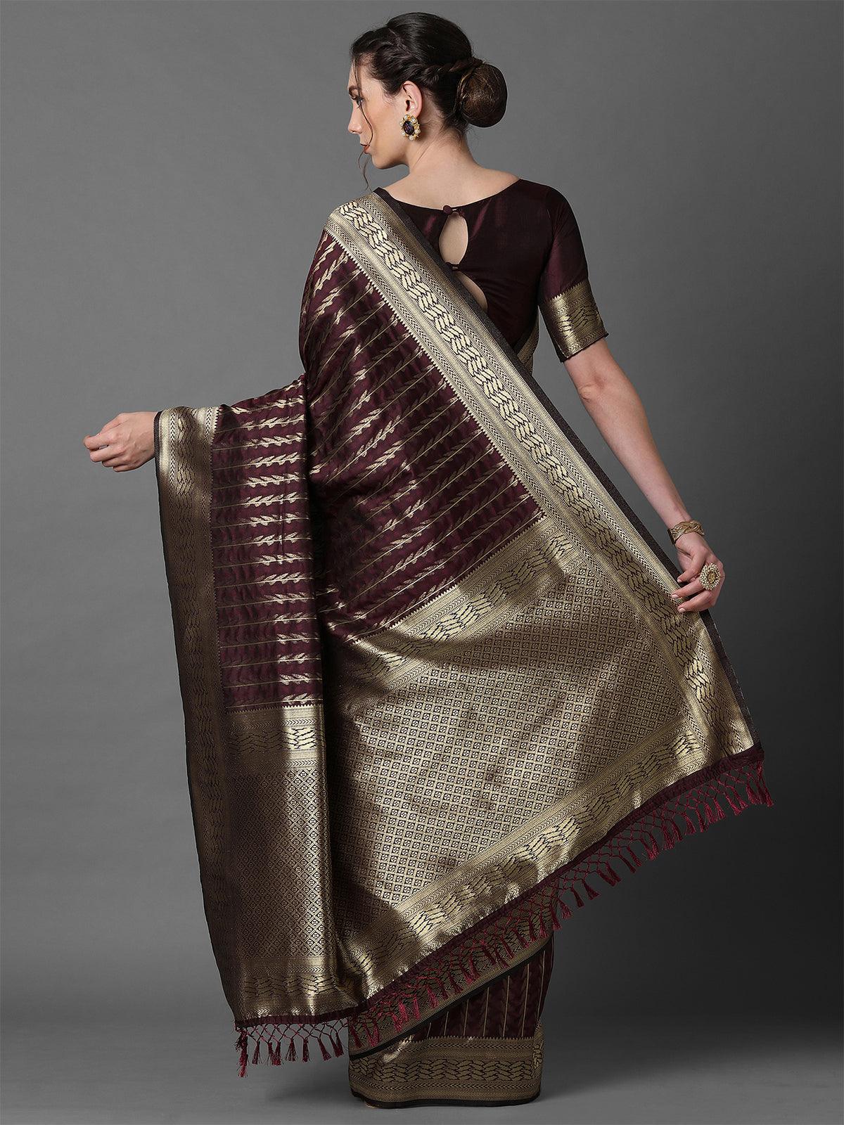 Brown Festive Silk Blend Woven Design Saree With Unstitched Blouse - Odette