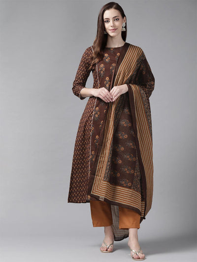 Brown Printed A-line Kurta Trouser With Dupatta Set - Odette