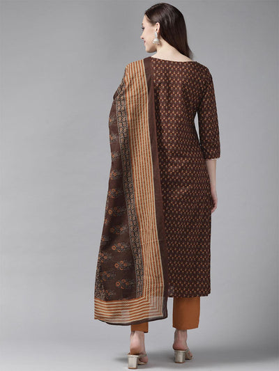 Brown Printed A-line Kurta Trouser With Dupatta Set - Odette