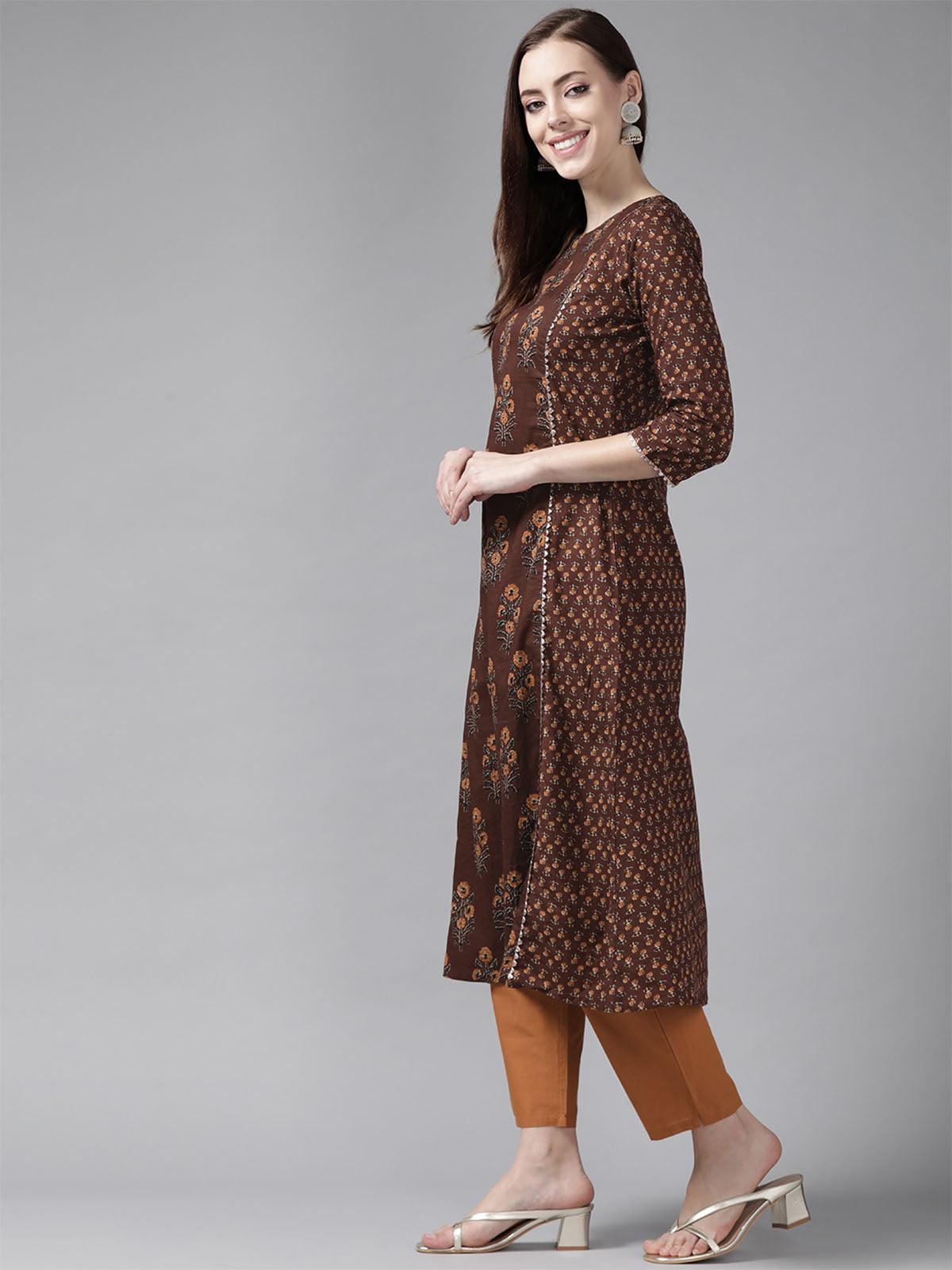 Brown Printed A-line Kurta Trouser With Dupatta Set - Odette