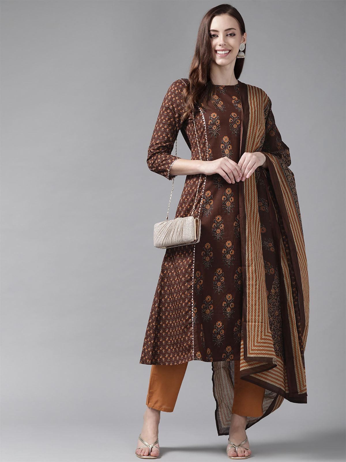 Brown Printed A-line Kurta Trouser With Dupatta Set - Odette