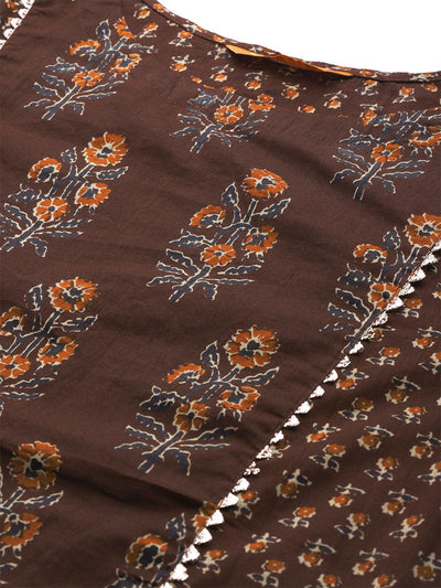 Brown Printed A-line Kurta Trouser With Dupatta Set - Odette