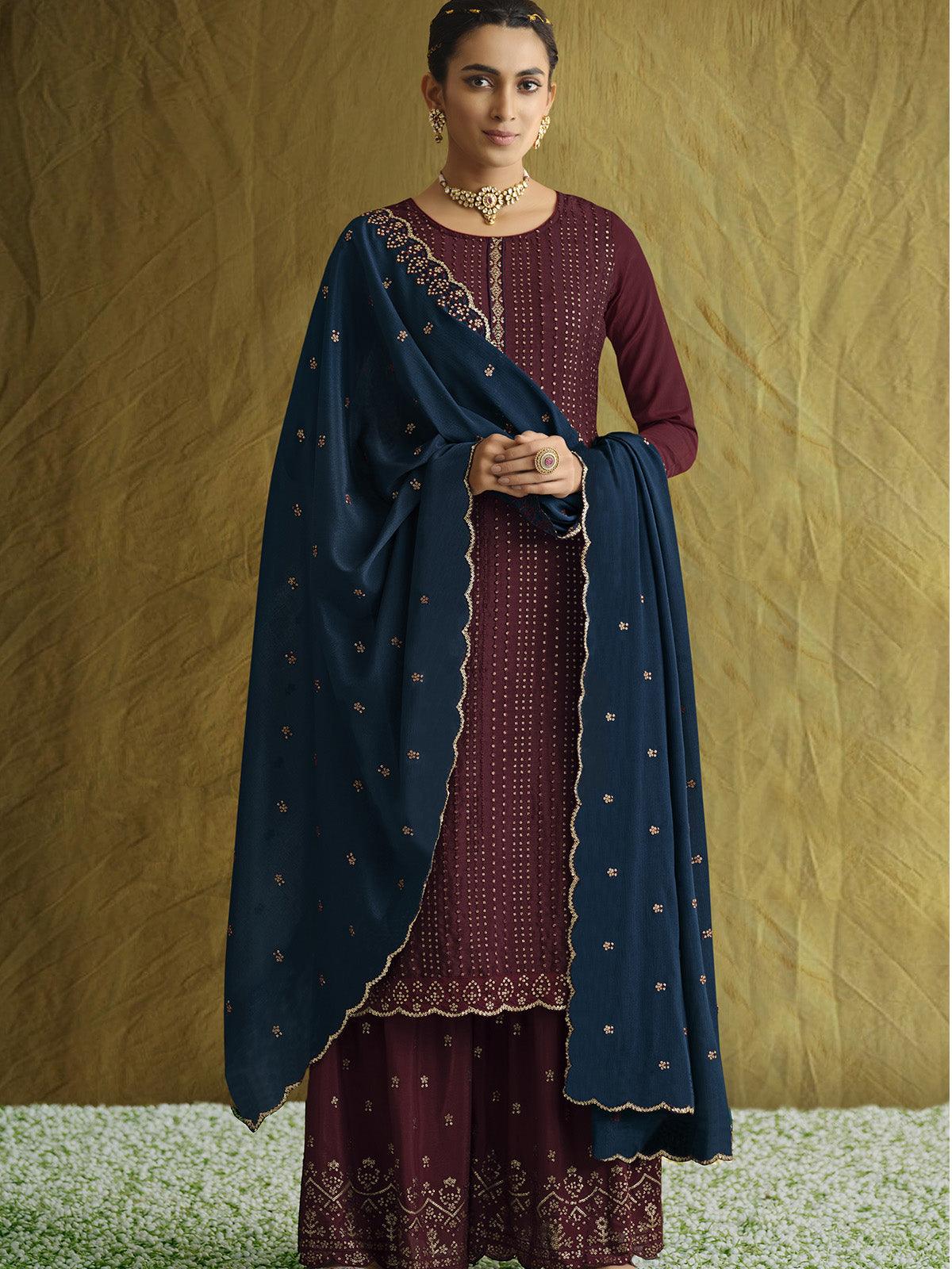 Brown Pure Chinon Heavy Embroidery Straight Plazzo Style Suit - Odette