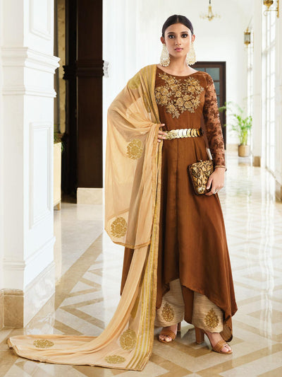 Brown Semi-stitched Embroidered Dress Material With Dupatta - Odette