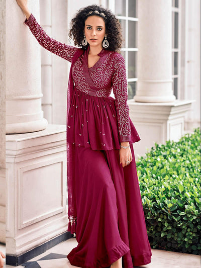 Burgundy Color Viscose Georgette Designer Sharara Suit - Odette