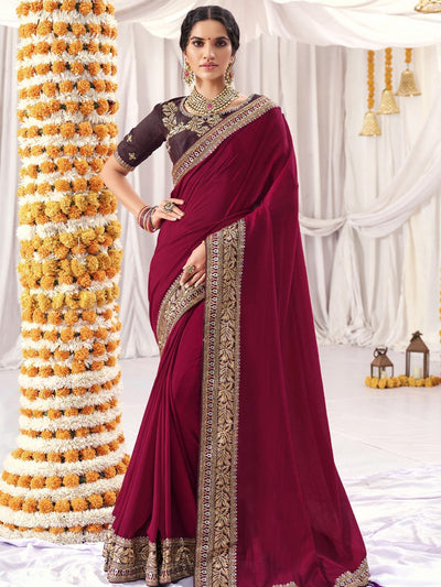 Burgundy Vichitra Silk Solid Saree With Blouse Piece - Odette
