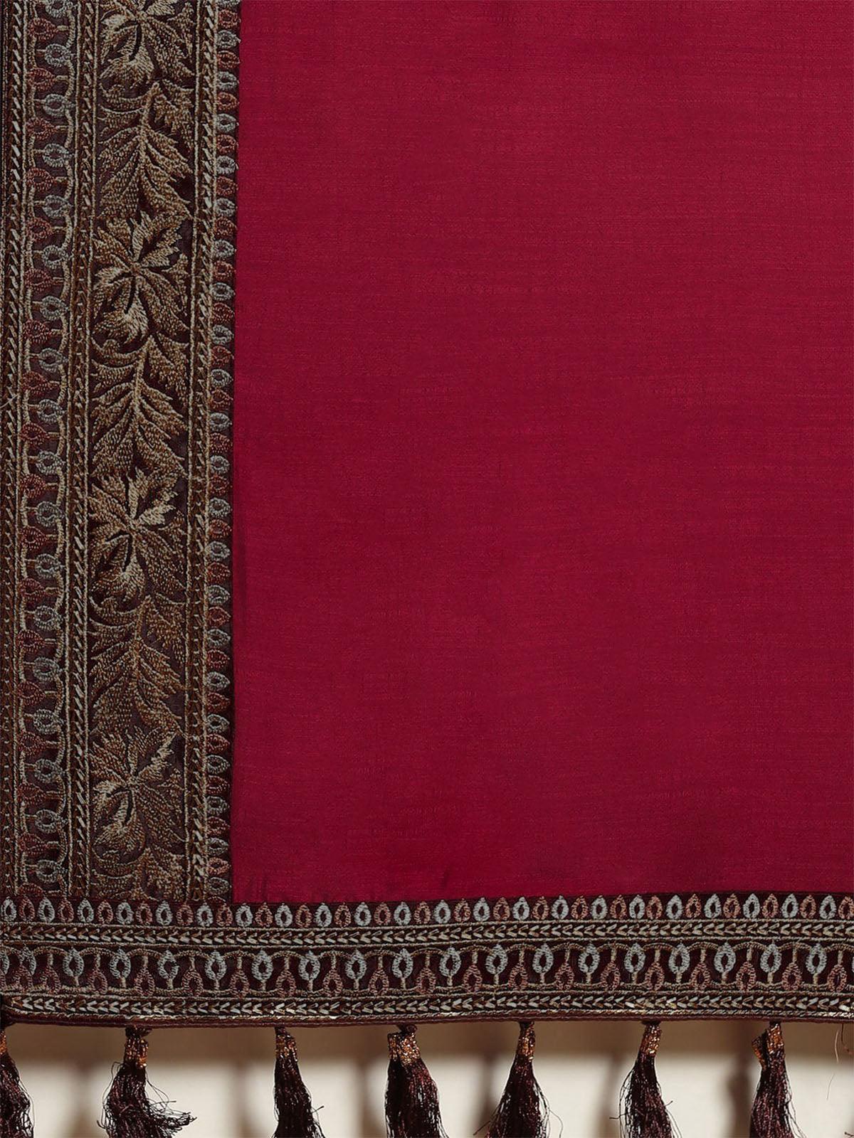 Burgundy Vichitra Silk Solid Saree With Blouse Piece - Odette