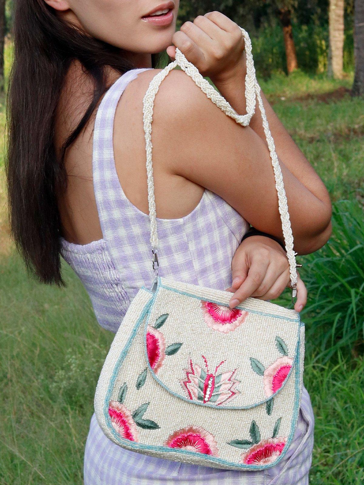 Butterfly Pink And White Beaded Sling Bag - Odette