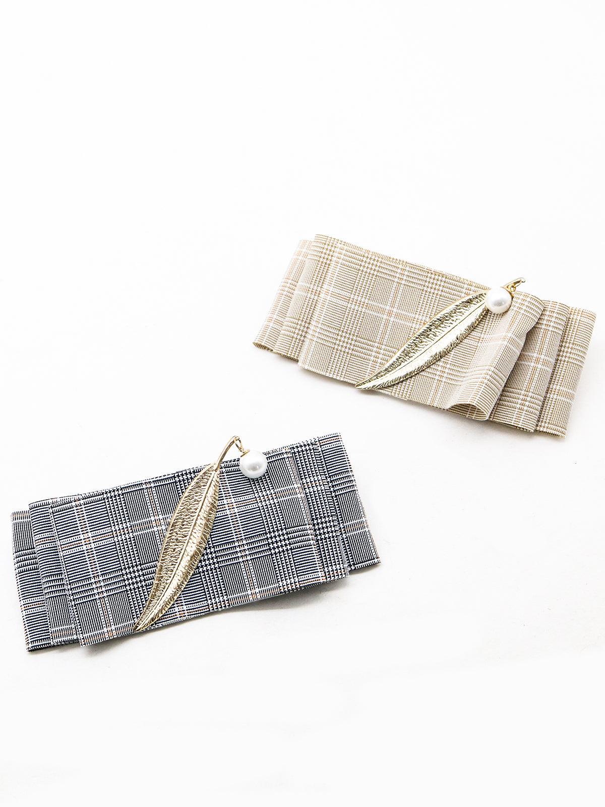 Checkered Set of Two Beige-Grey Barrette Clips - Odette