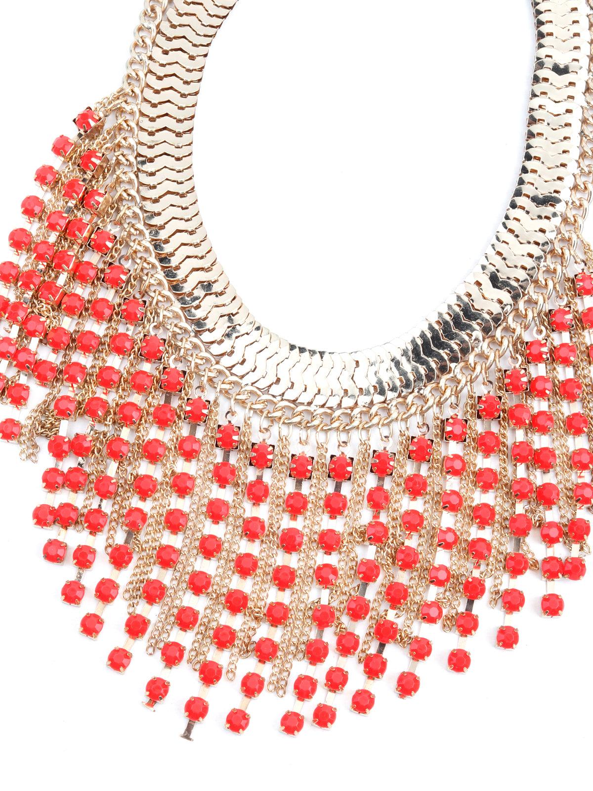 Chunky gold metallic fringe necklace with red stone droppings - Odette
