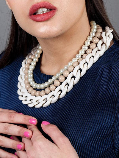 Chunky Multilayered Acrylic White & Beige Mixed Necklace - Odette