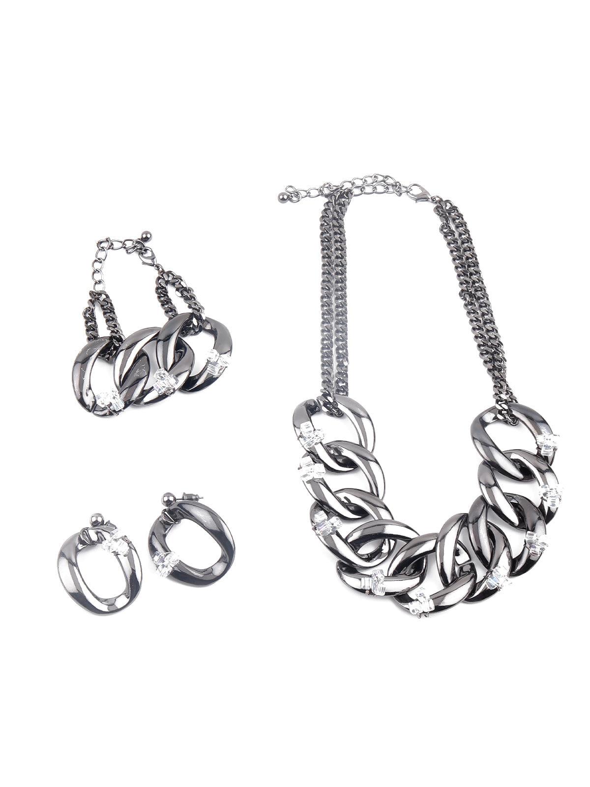 Chunky silver tone chain necklace set for women - Odette