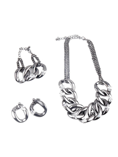 Chunky silver tone chain necklace set for women - Odette