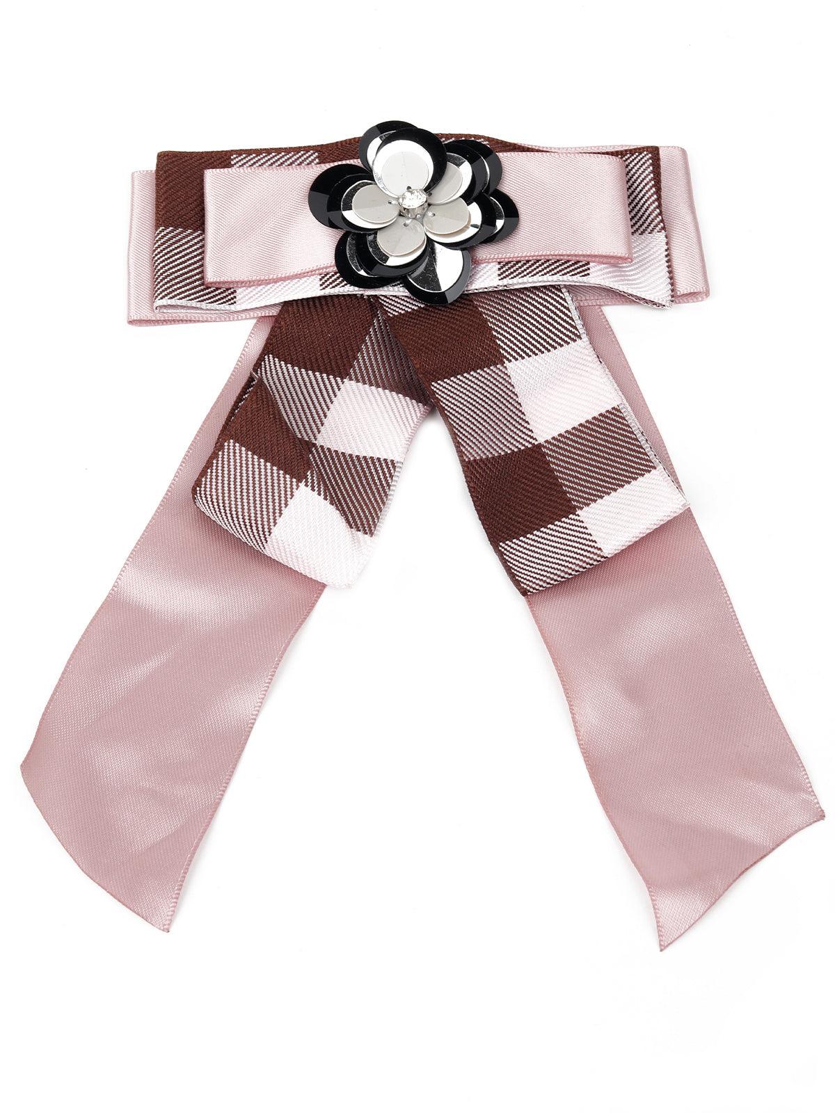 Classic satin double bow pink embellished brooch - Odette