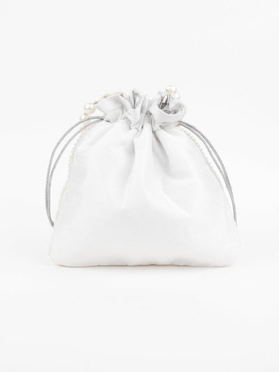 Classic White Beaded Floral Potli Bag - Odette