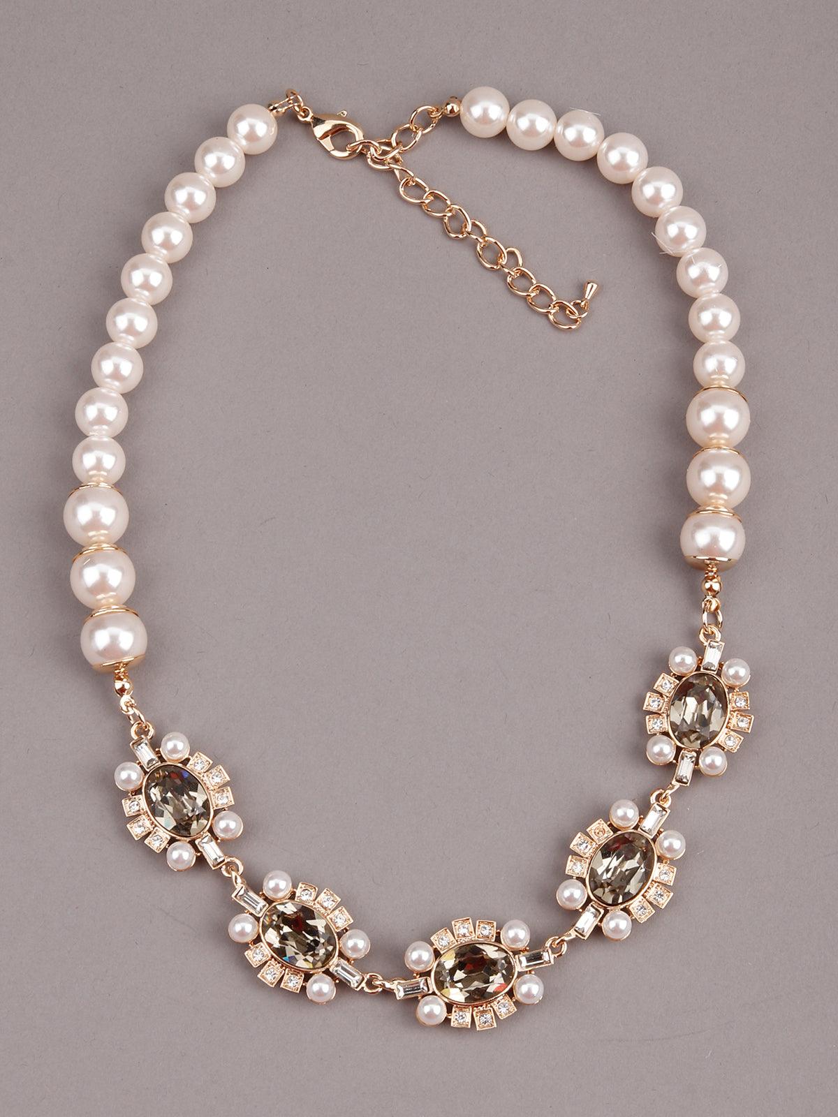 Classy White Pearl with flower stones Necklace - Odette