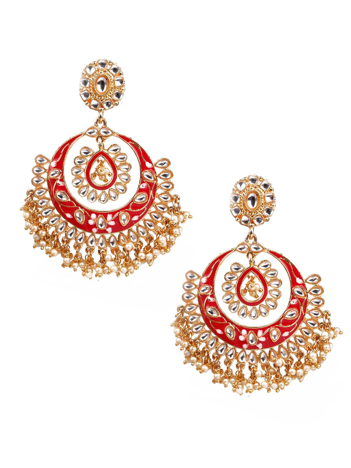 Traditional Designer Circle Red Color Fabric with Beaded Chain 3 Jhumki  Lightweight Earring for Women and Girls. | K M HandiCrafts India